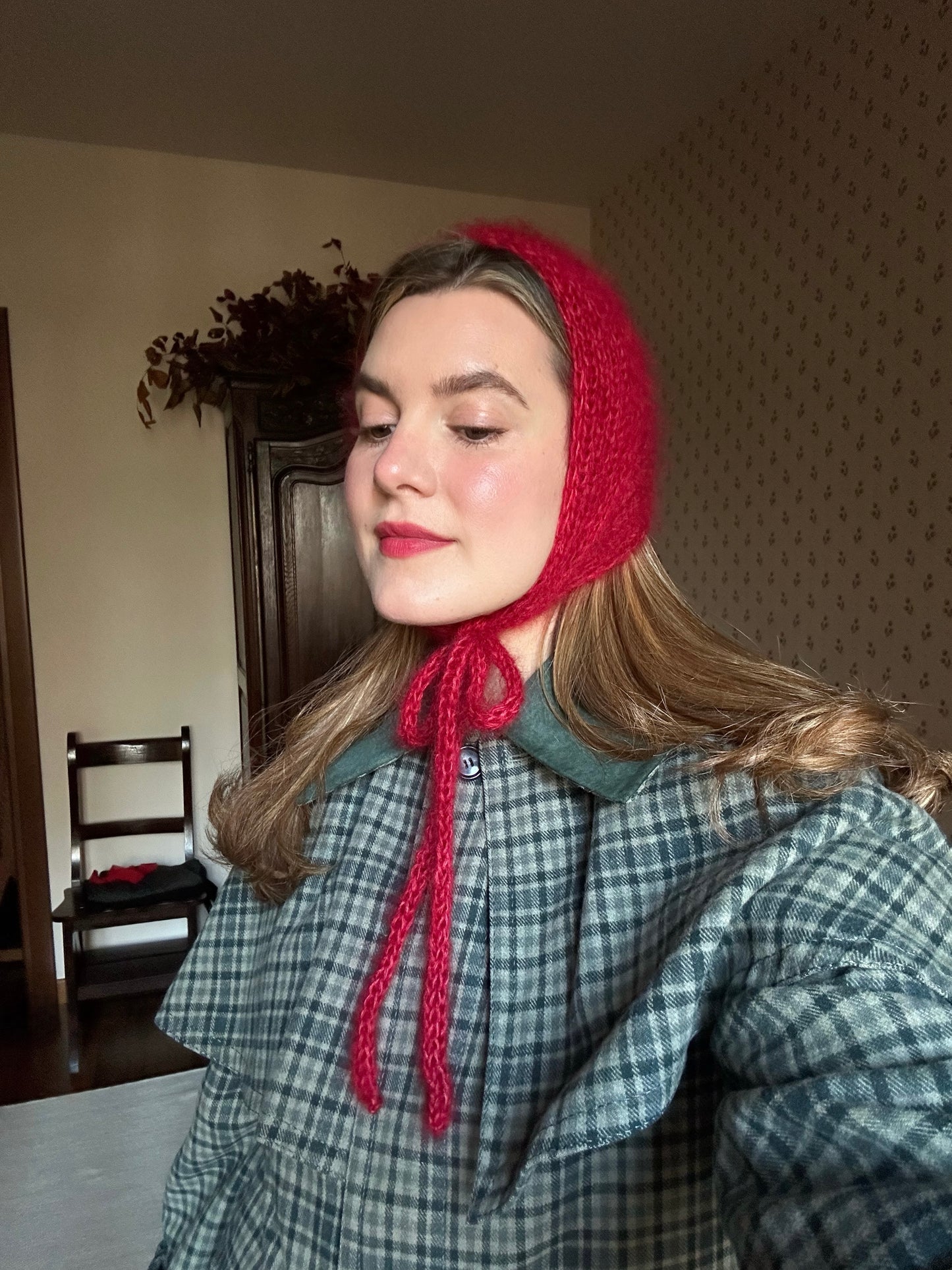 Handmade Silk & Mohair Bonnet - Candy Cane Red