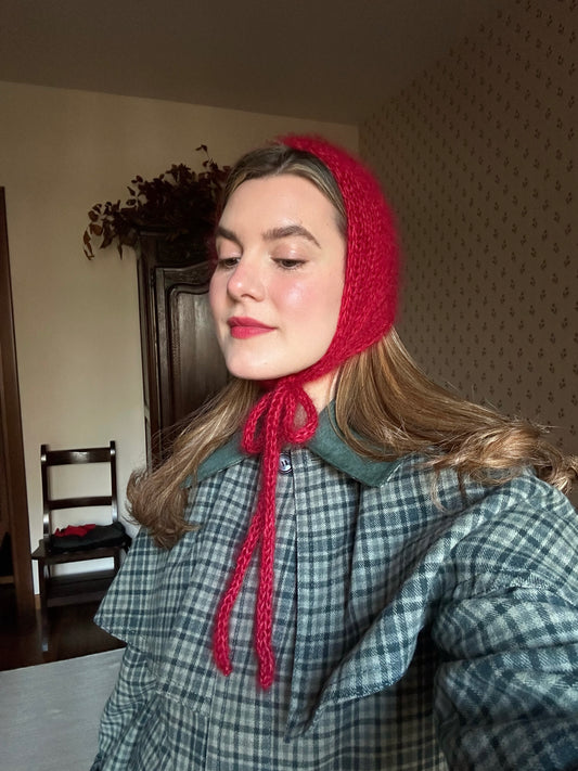 Handmade Silk & Mohair Bonnet - Candy Cane Red