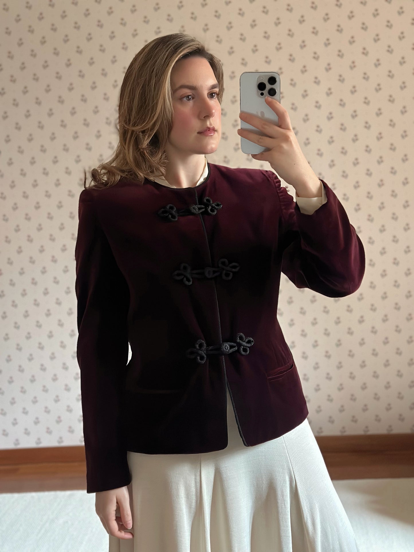 Burgundy Velvet Jacket With Frog Buttons
