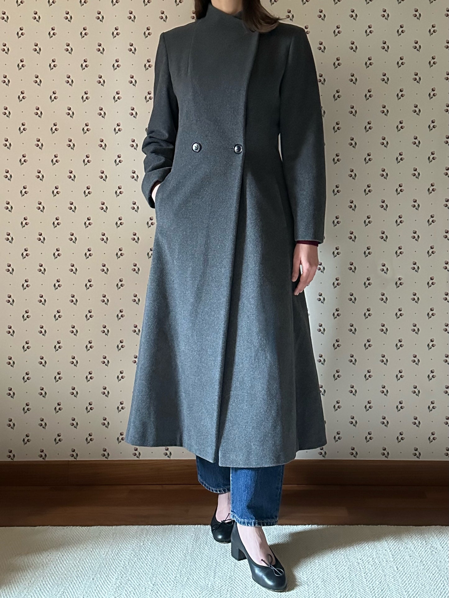 Gray Structured Wool & Cashmere Round Neck Coat