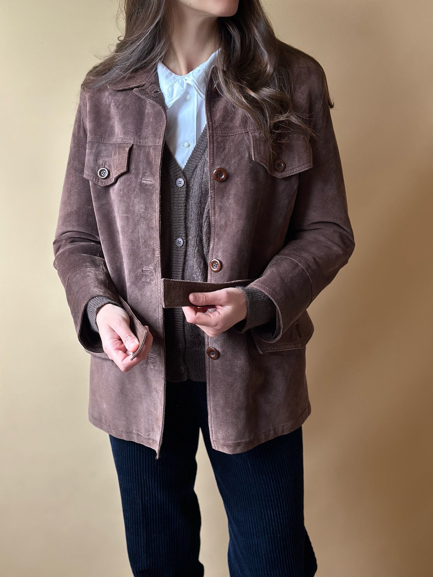 Vintage Chocolate Brown Suede Belted Jacket