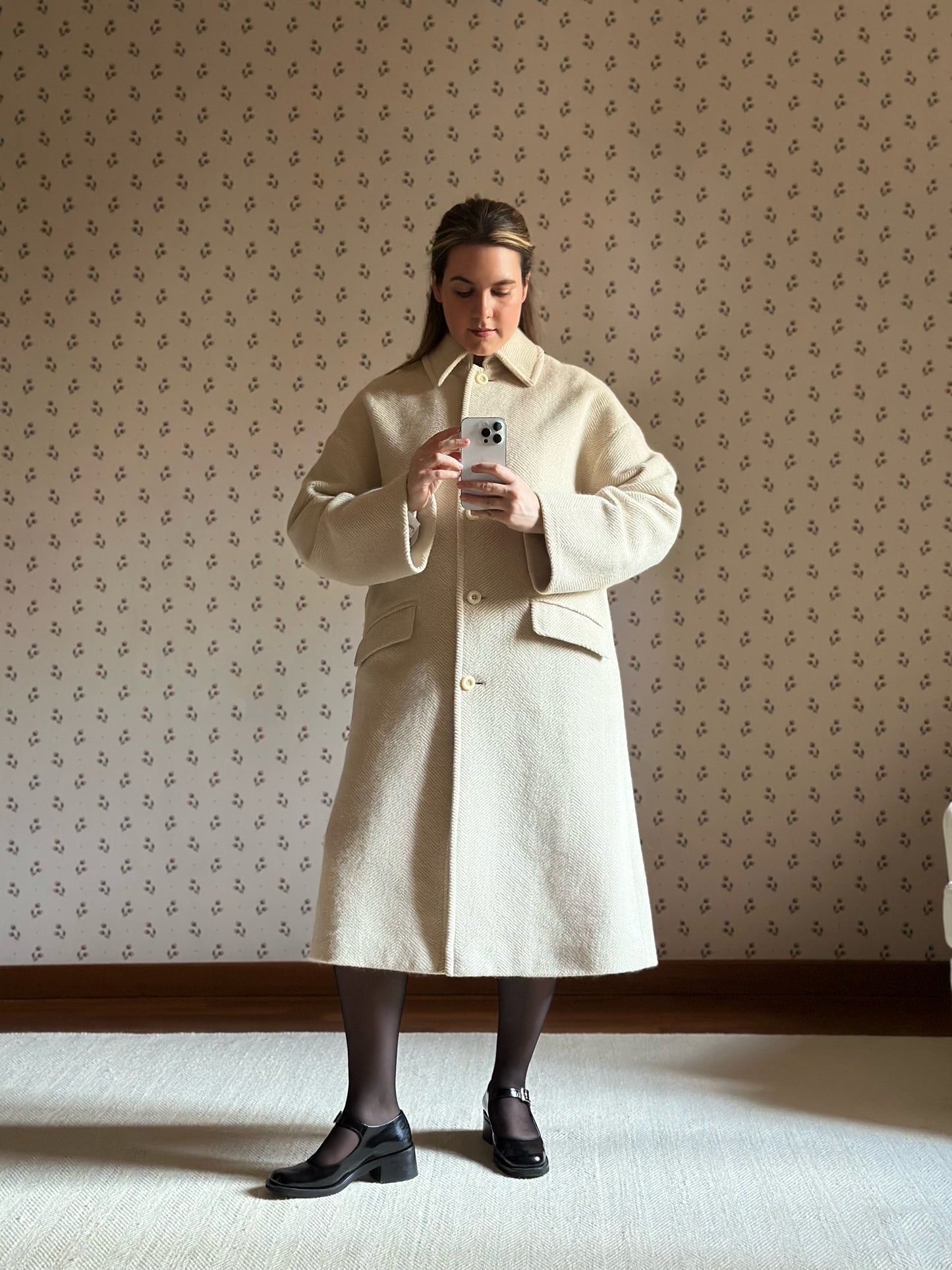 Milky White Pure Wool Herringbone Coat