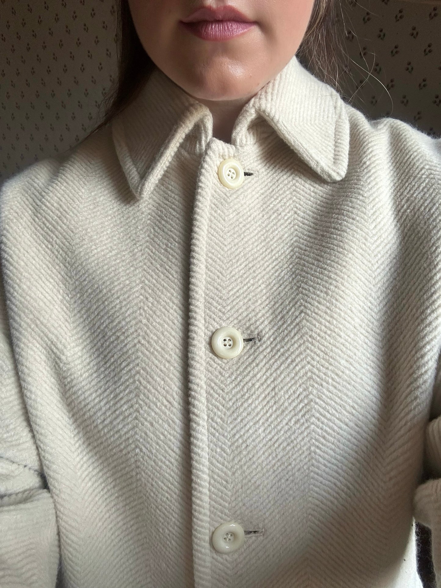 Milky White Pure Wool Herringbone Coat