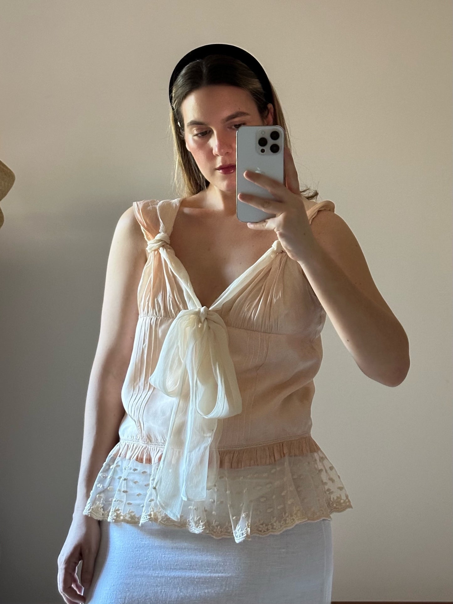 100% Silk Pink Lace Top