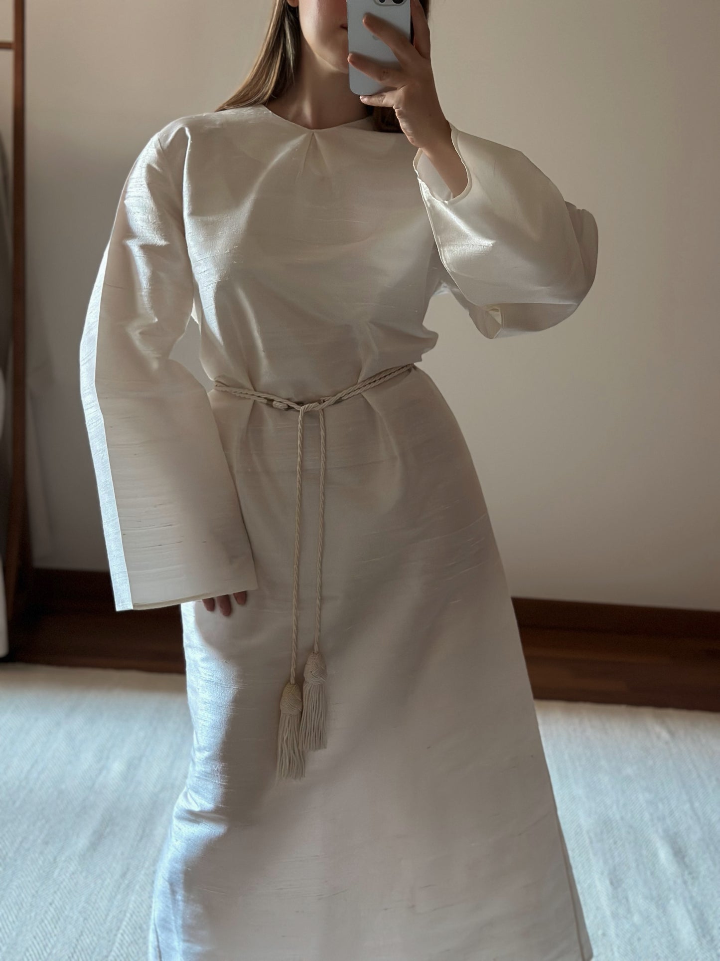 100% Silk White Long Tunic Dress
