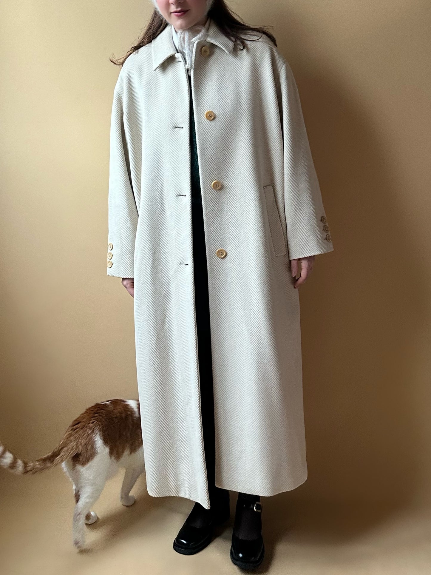 Vintage Cream Herringbone Maxi Coat