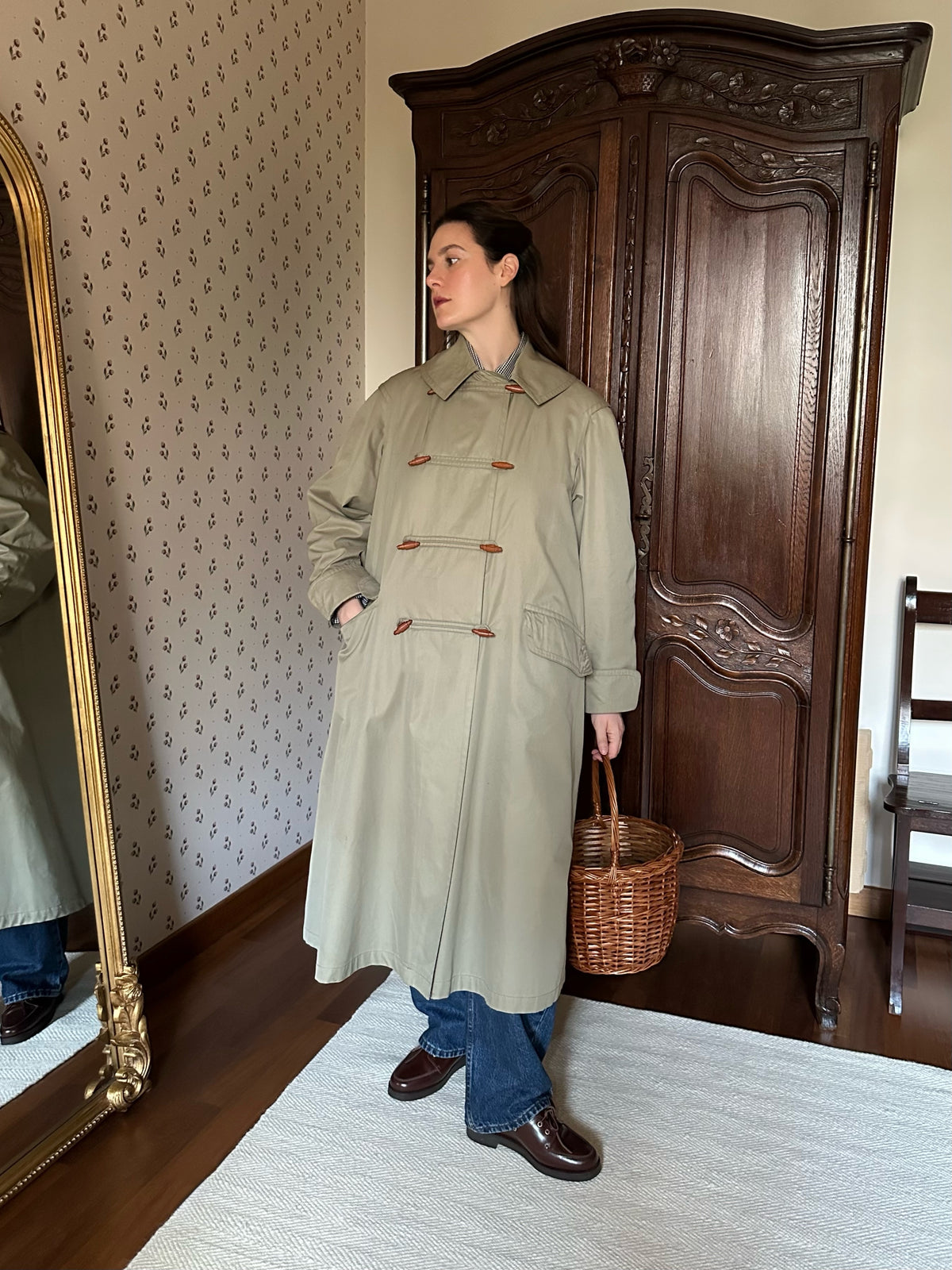 Khaki Trench Coat With Red Tartan Lining
