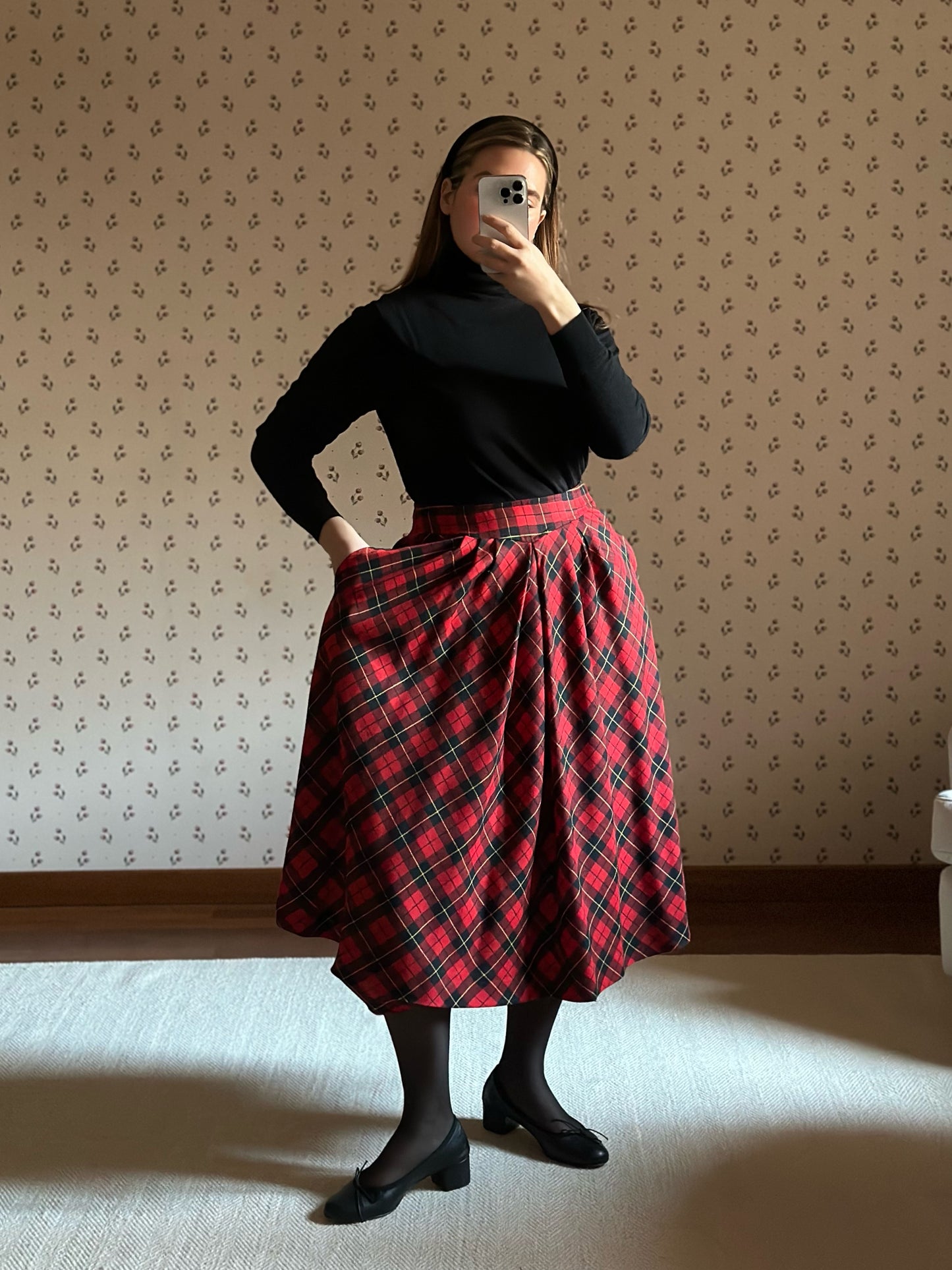 Red Tartan Pure Wool Midi Circle Skirt