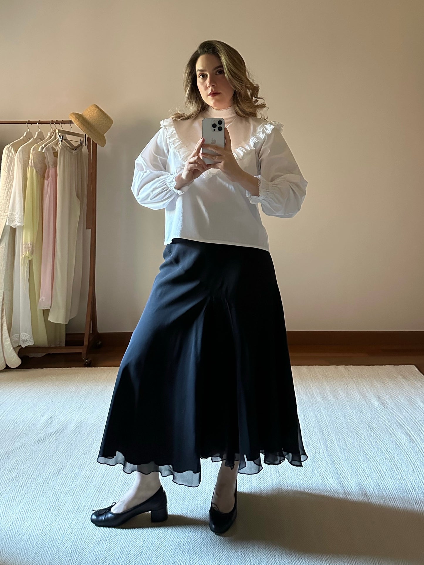 Pure Silk Black Midi Skirt
