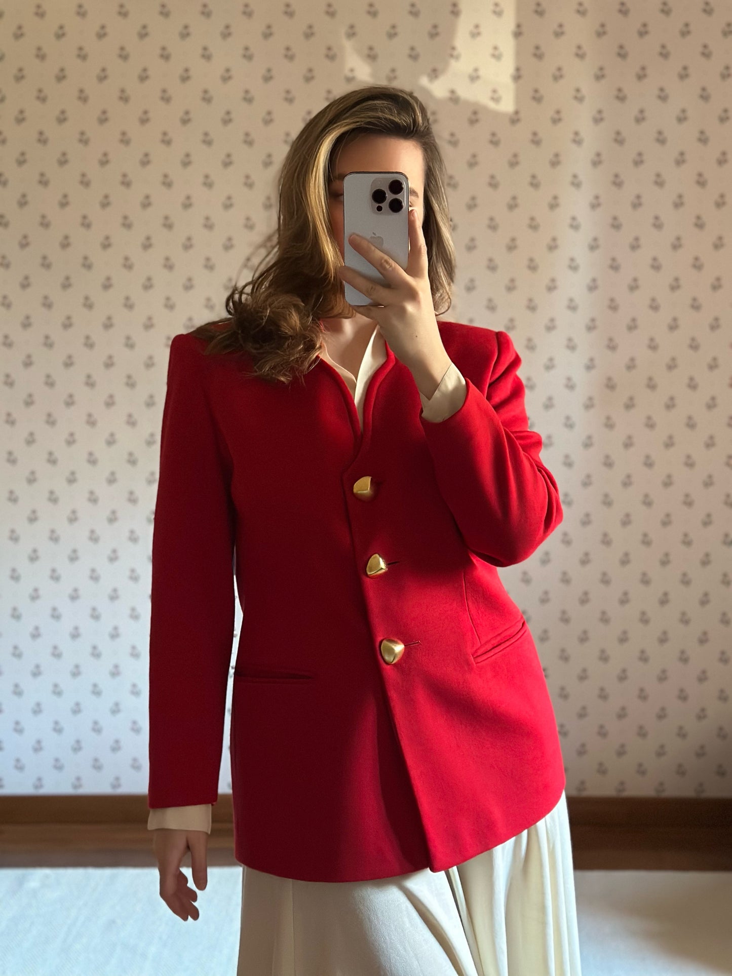 Red Wool Blazer With Golden Buttons