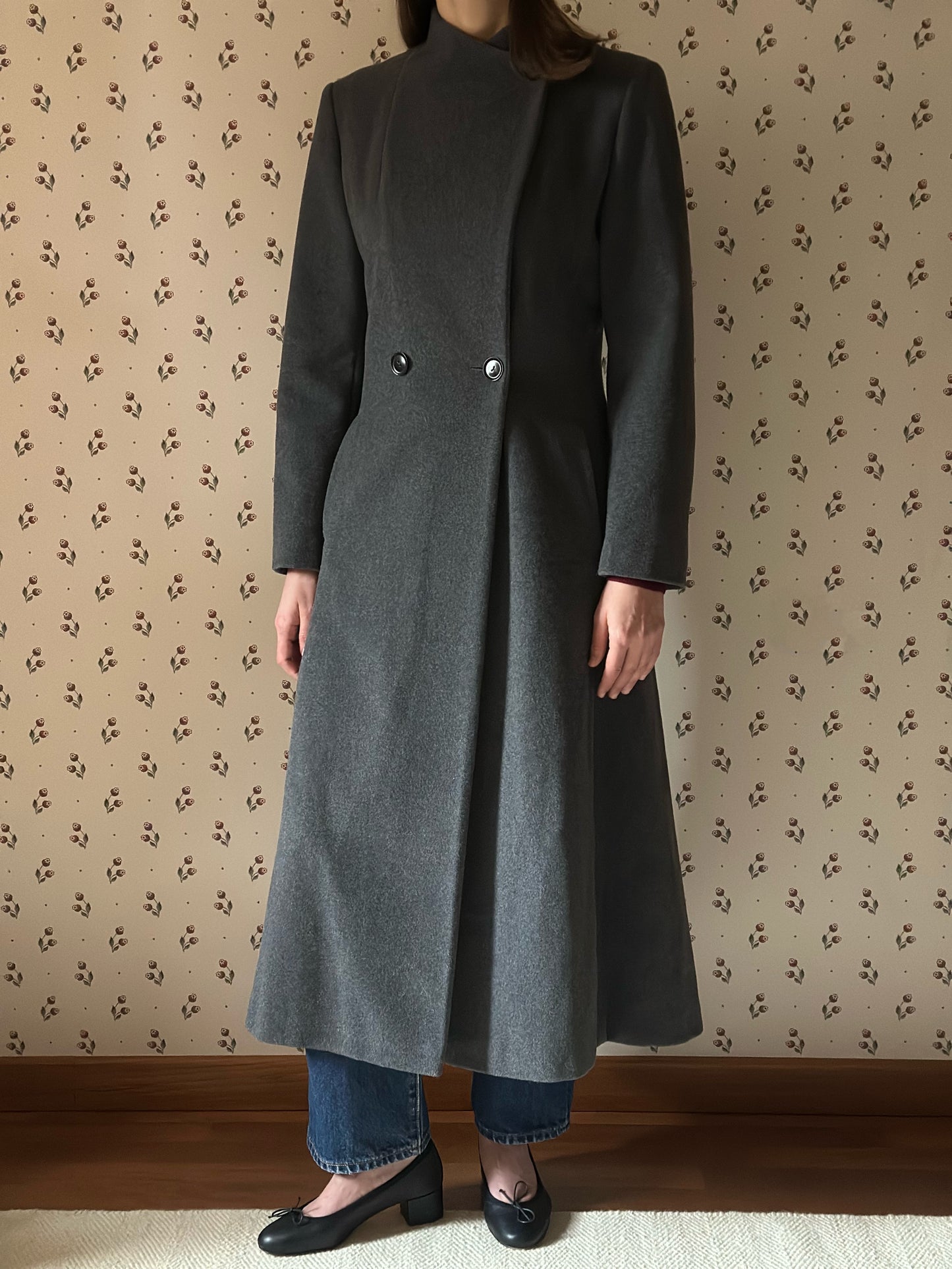 Gray Structured Wool & Cashmere Round Neck Coat