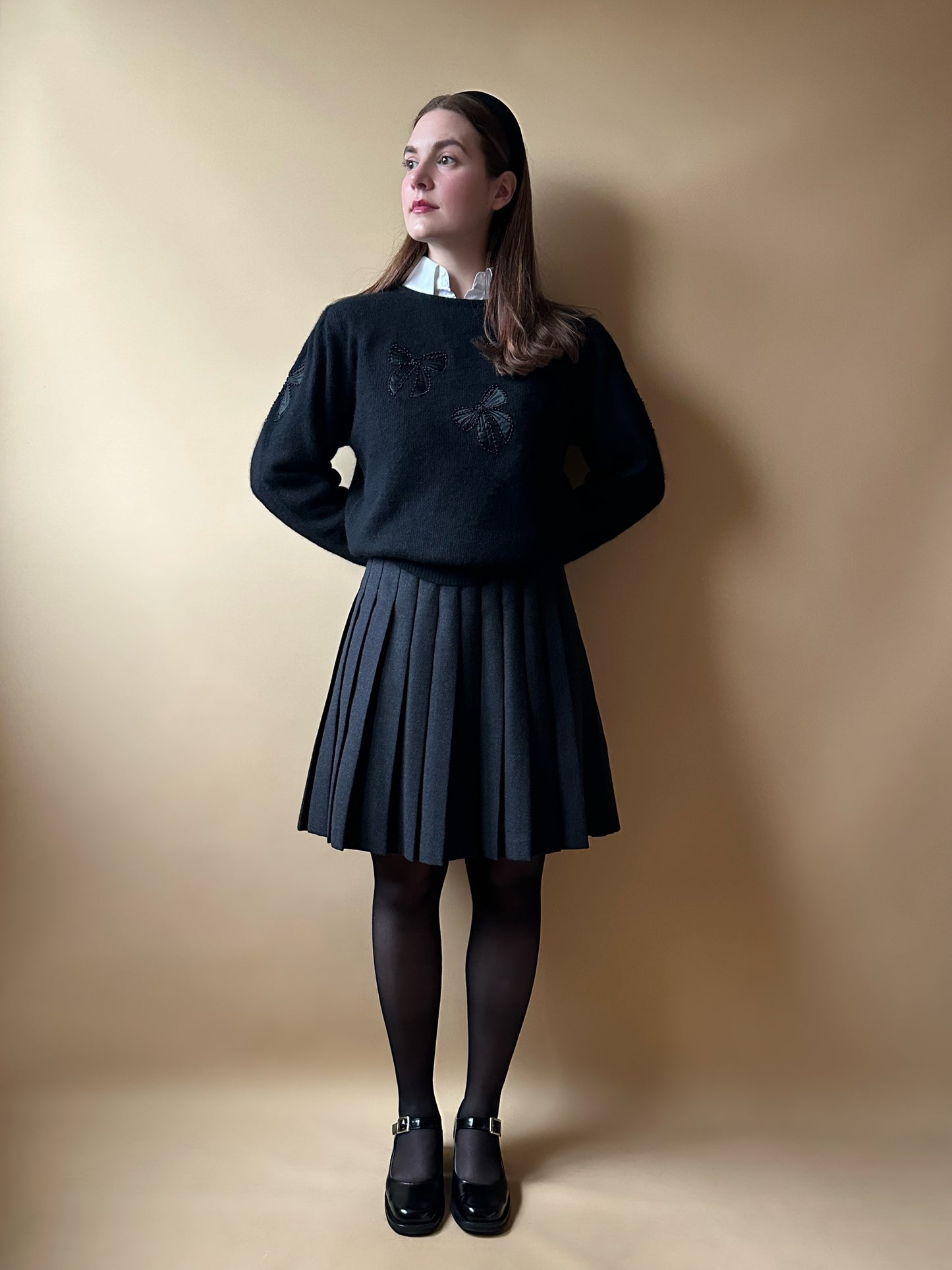 Vintage Dark Gray Pleated Woolen Mini Skirt