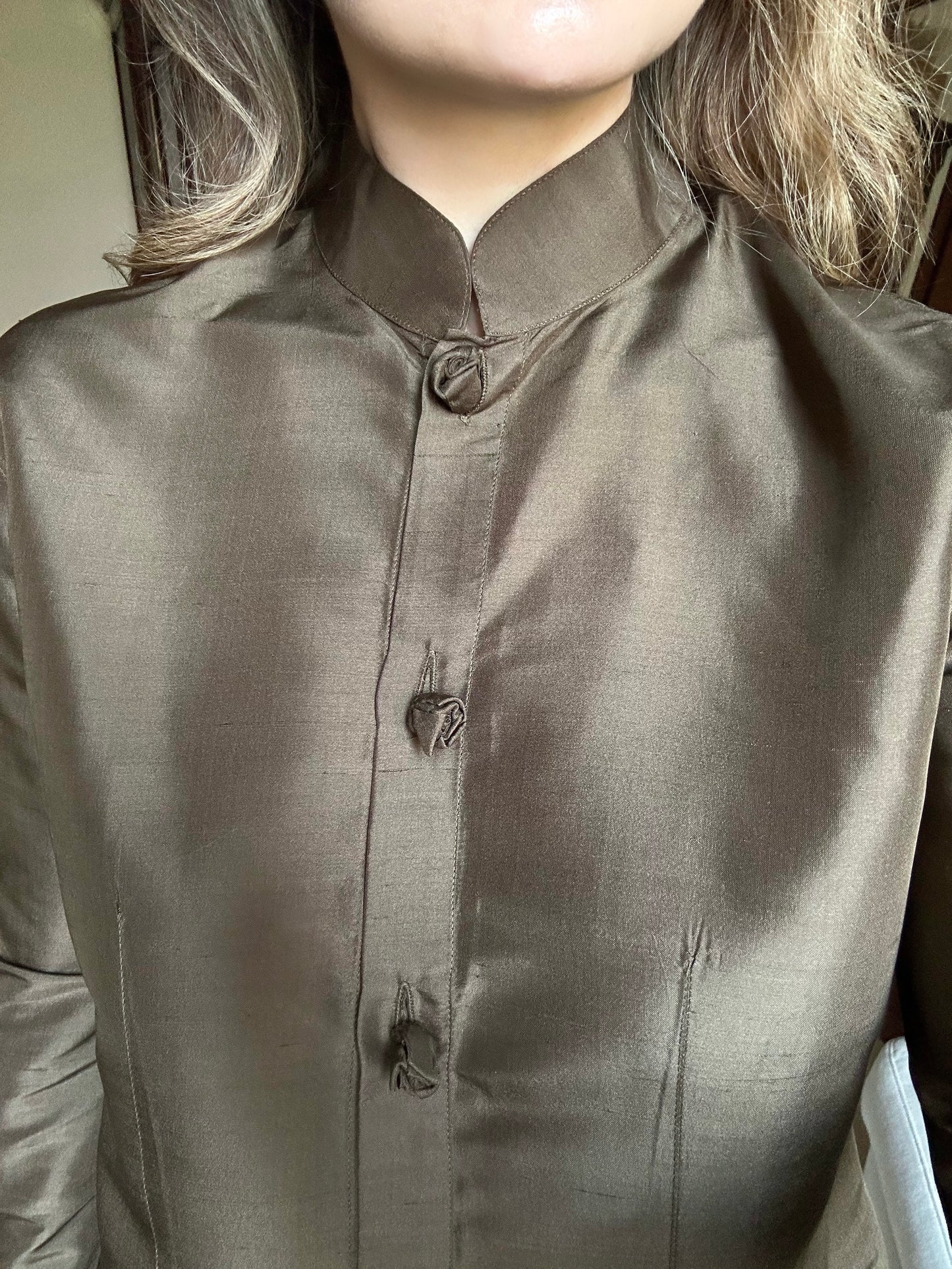 100% Silk Khaki Shirt With Rose Buttons