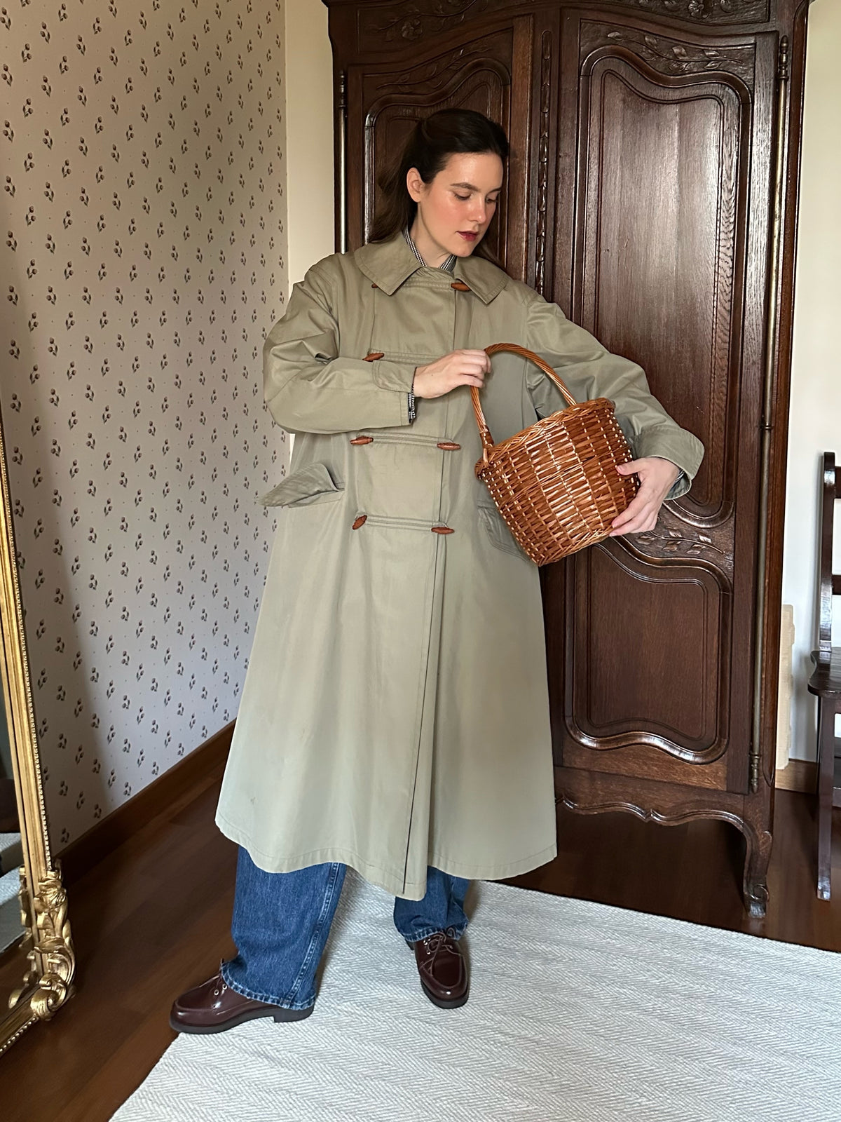 Khaki Trench Coat With Red Tartan Lining