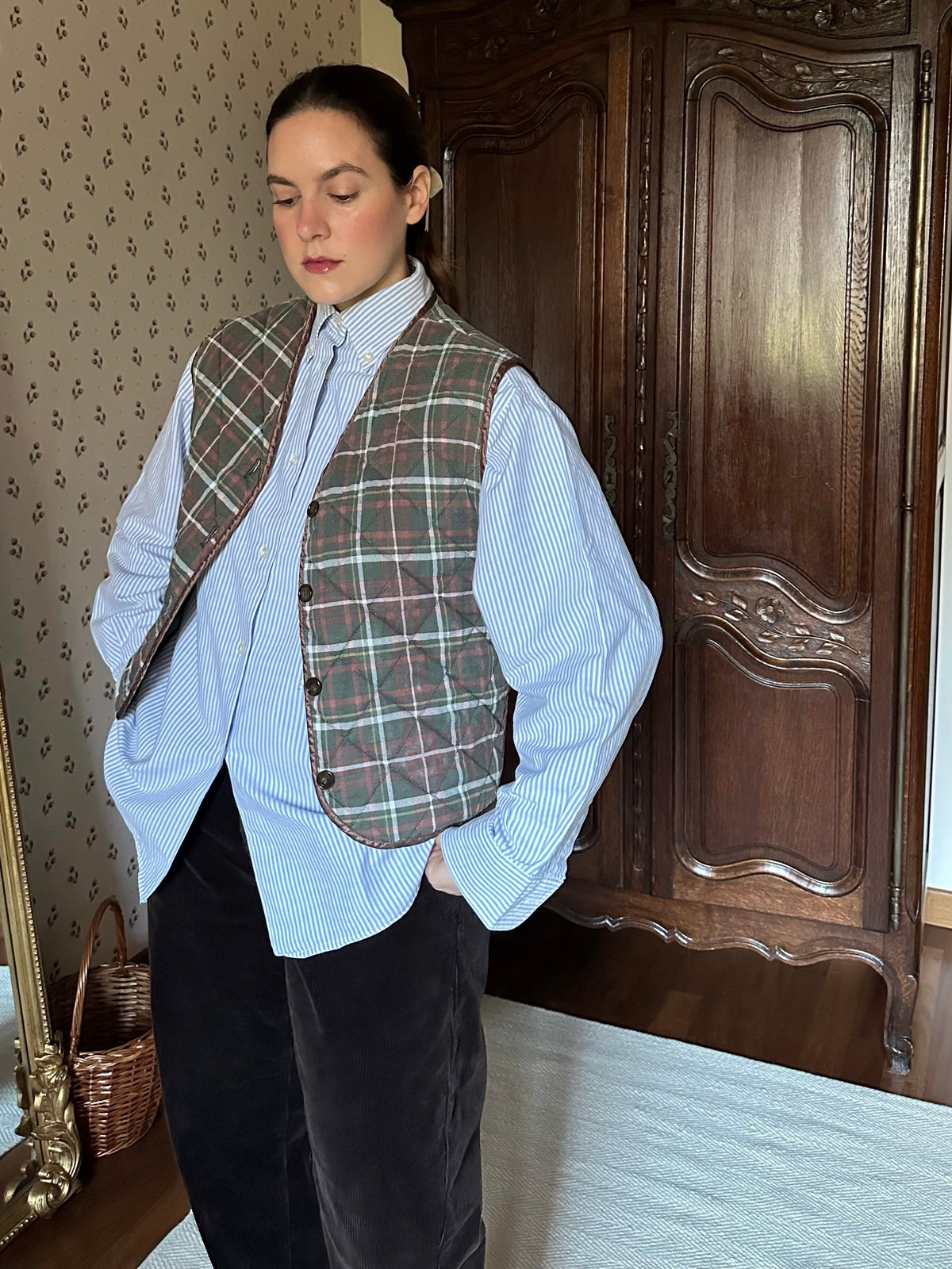 Waxed Jacket With Cape & Tartan Vest