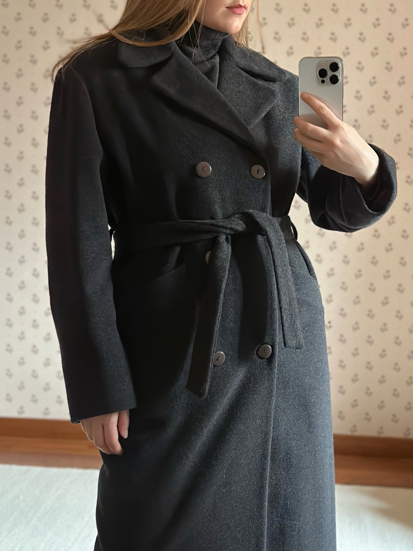 Long Gray Wool & Cashmere Belted Coat