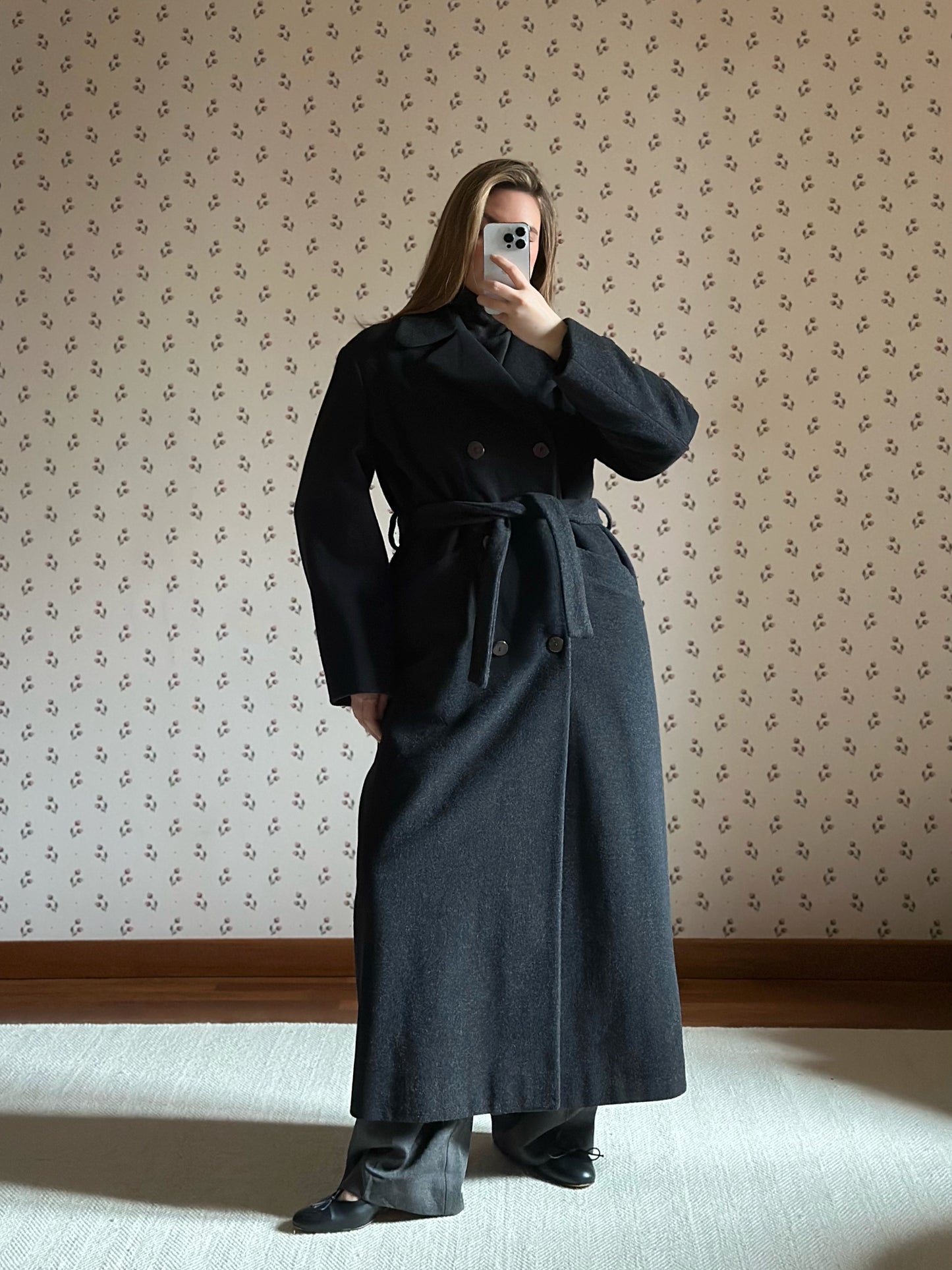 Long Gray Wool & Cashmere Belted Coat