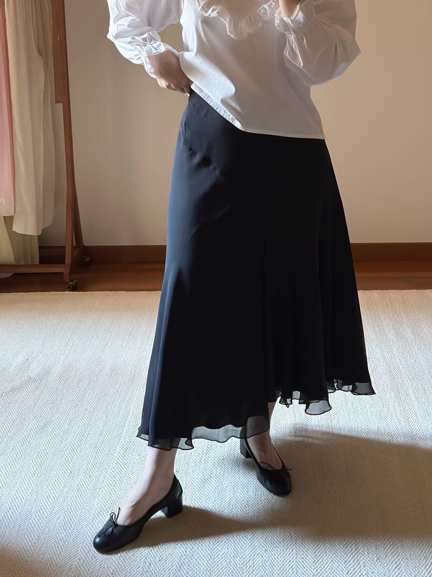 Pure Silk Black Midi Skirt