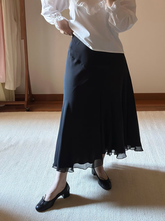 Pure Silk Black Midi Skirt