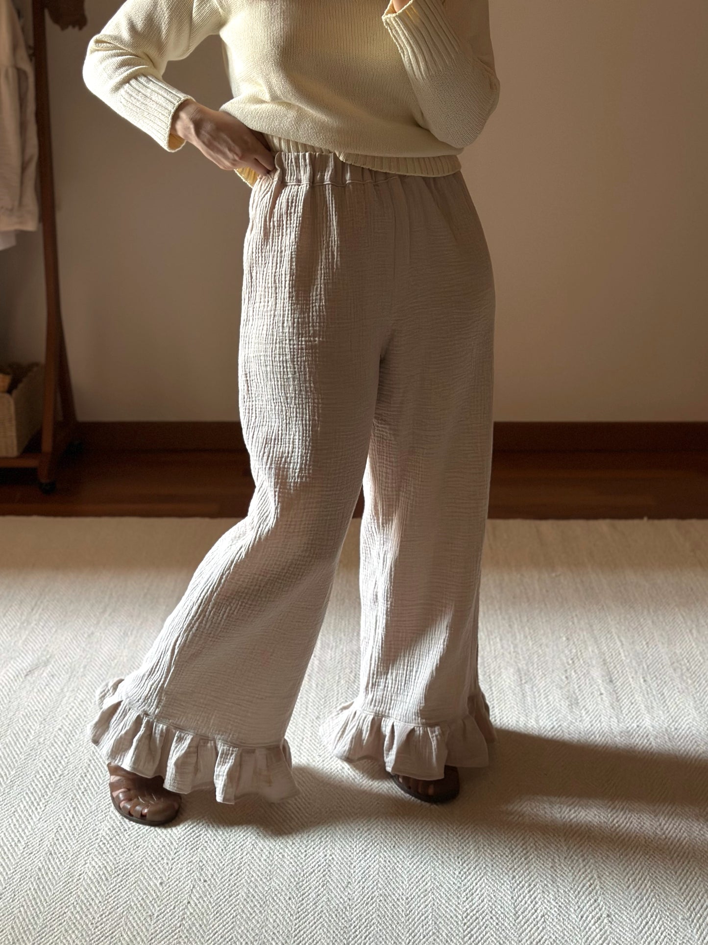 Cotton Muslin Frilled Trousers