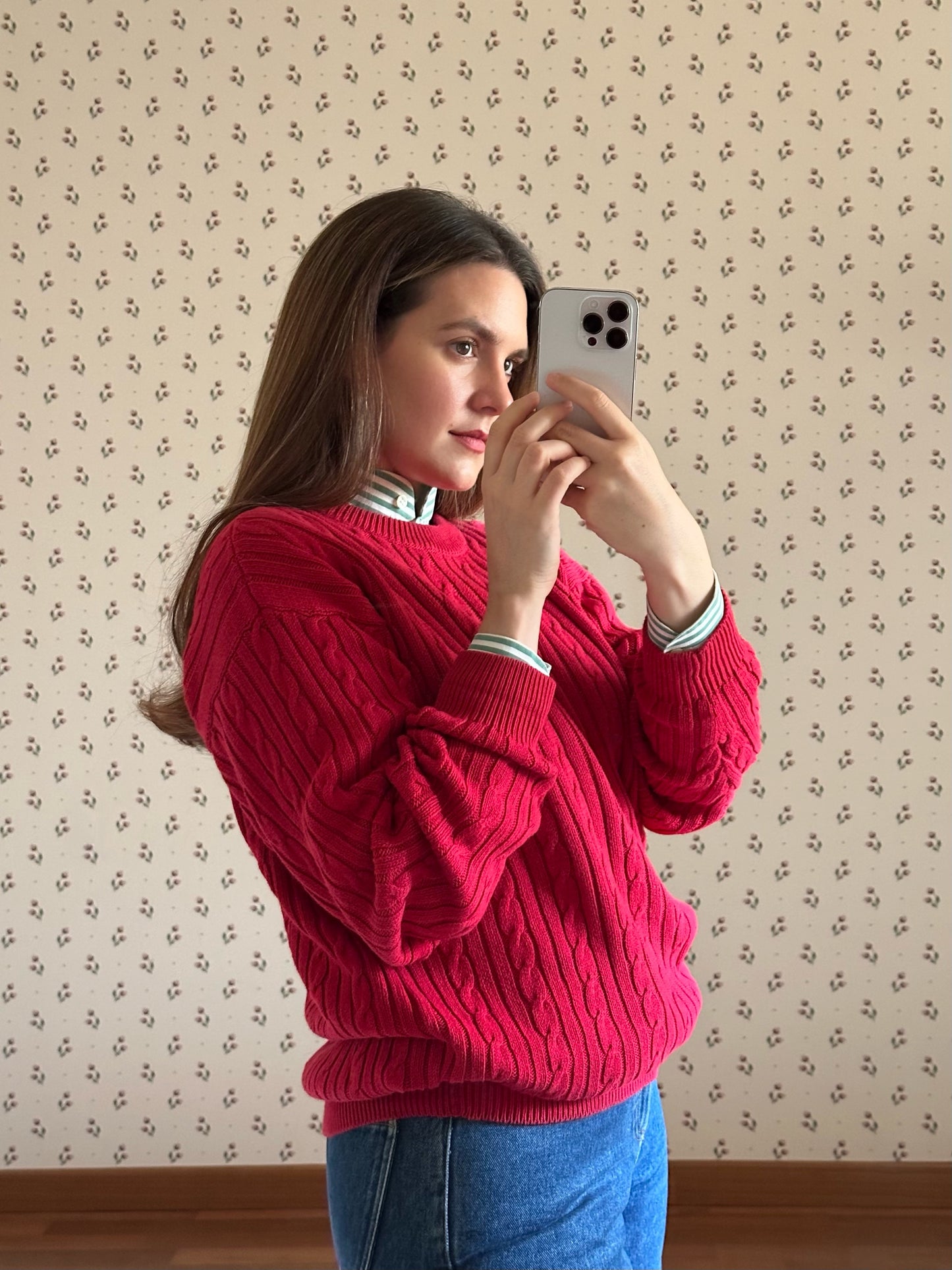 Red Cotton Cable Knit Sweater
