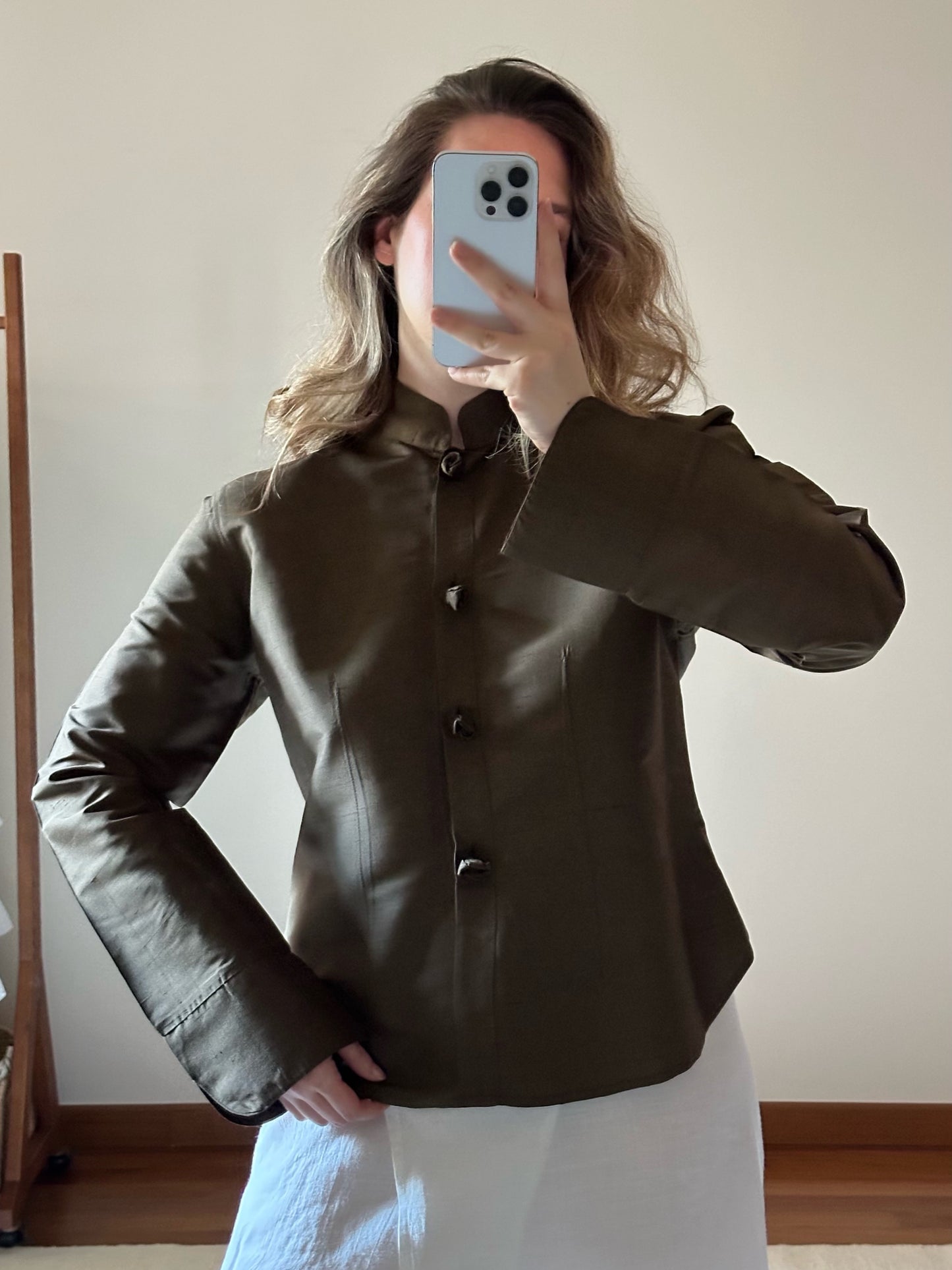 100% Silk Khaki Shirt With Rose Buttons