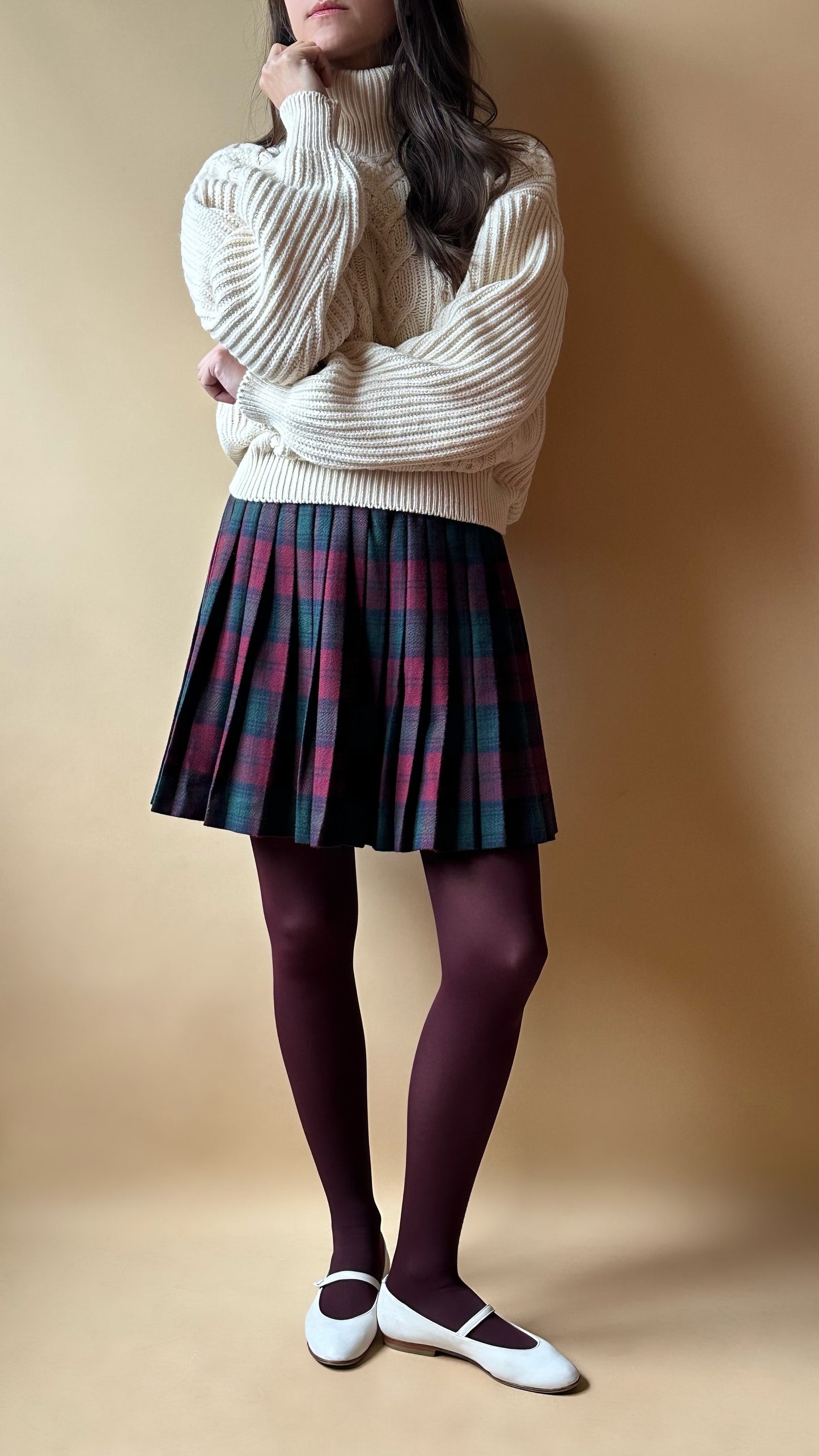 Vintage Burgundy Tartan Pleated Skirt