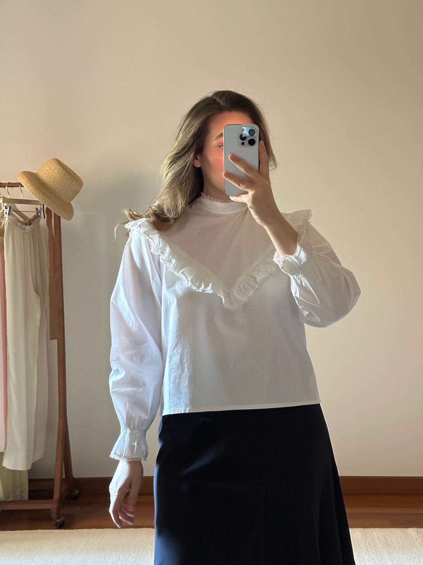 White Ruffled Mock Neck Shirt