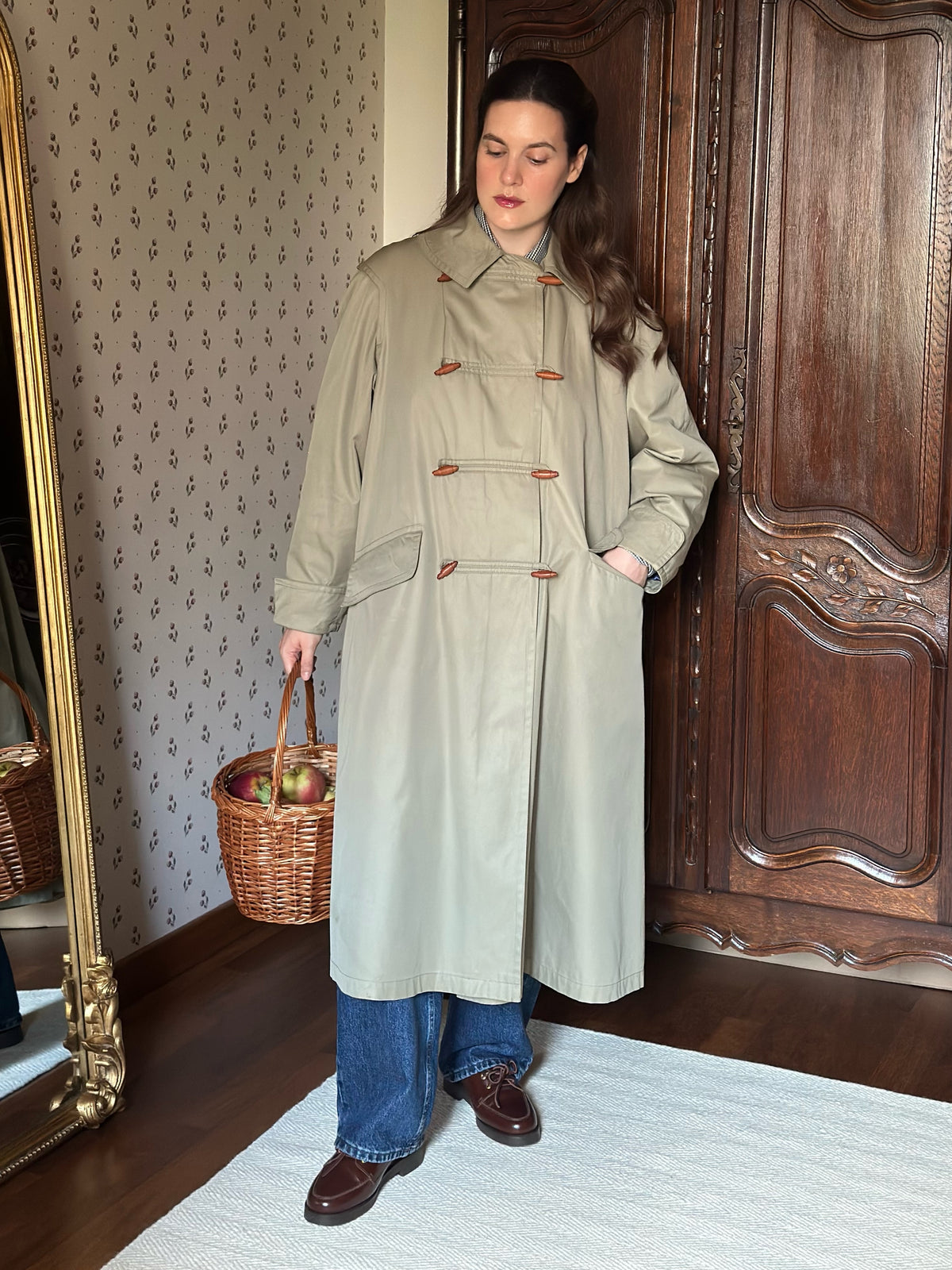 Khaki Trench Coat With Red Tartan Lining