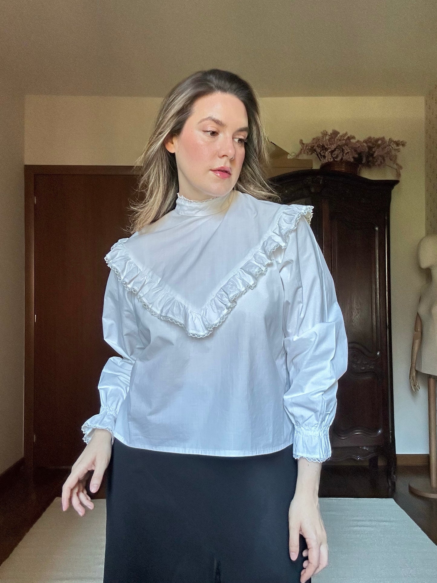 White Ruffled Mock Neck Shirt