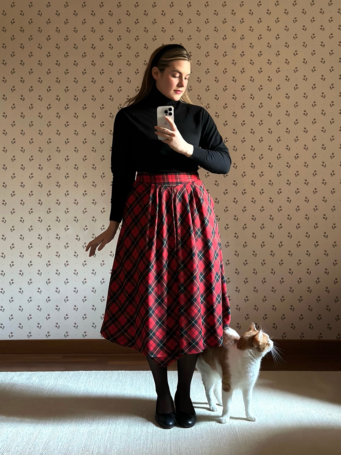 Red Tartan Pure Wool Midi Circle Skirt