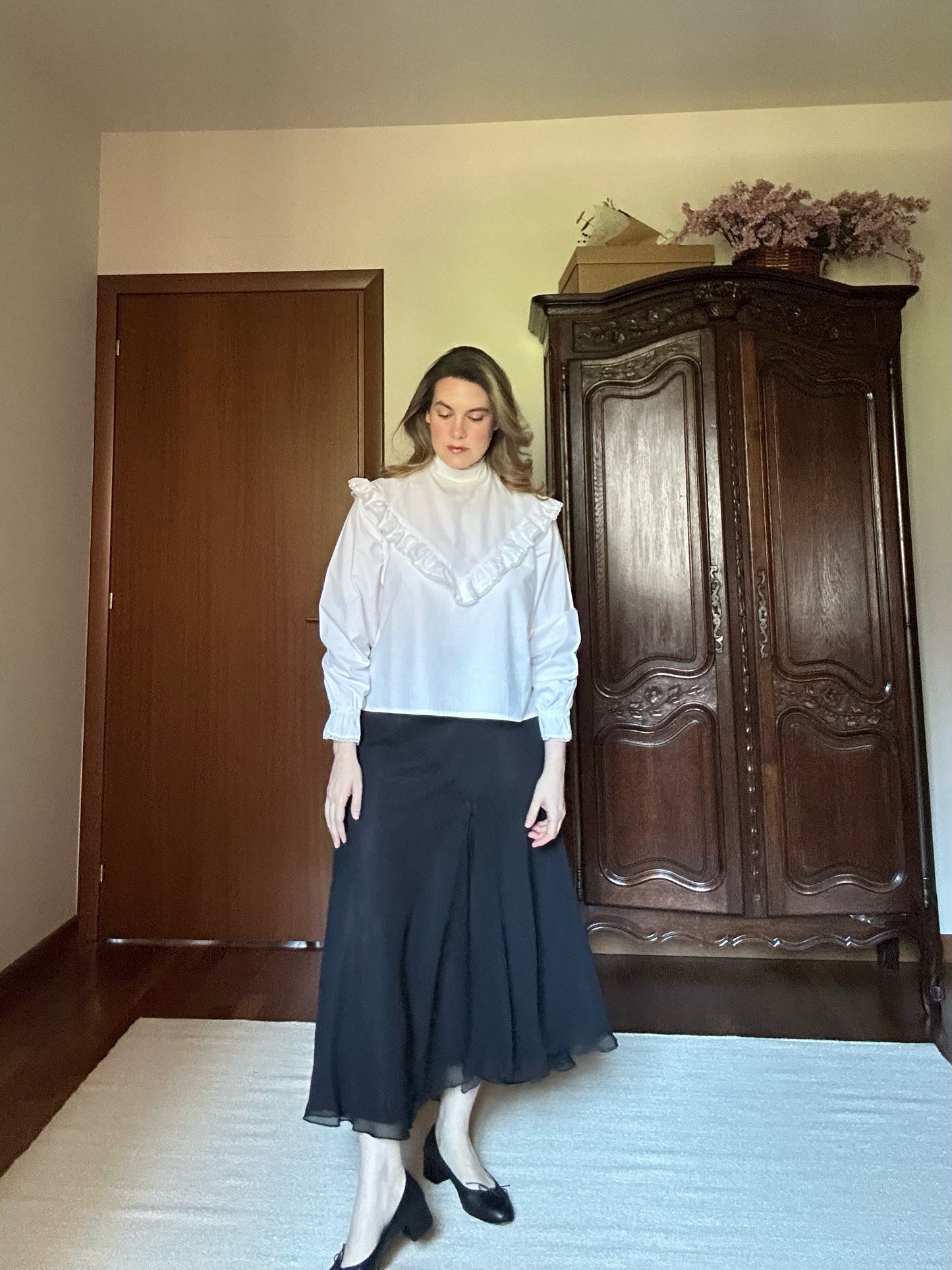 White Ruffled Mock Neck Shirt