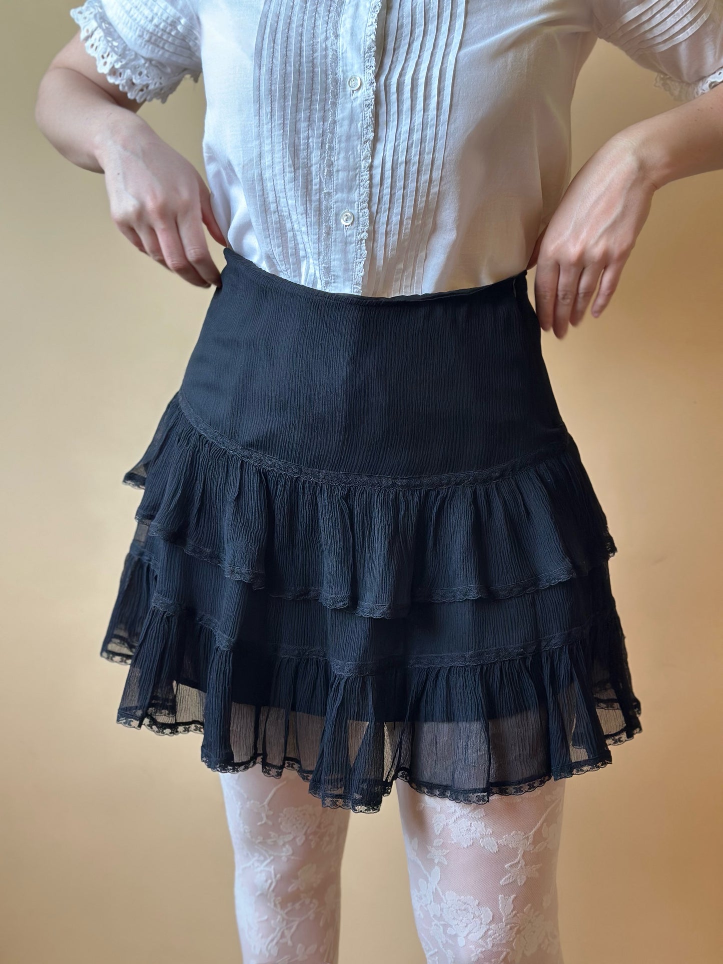 Vintage Pure Silk Ruffled Black Skirt