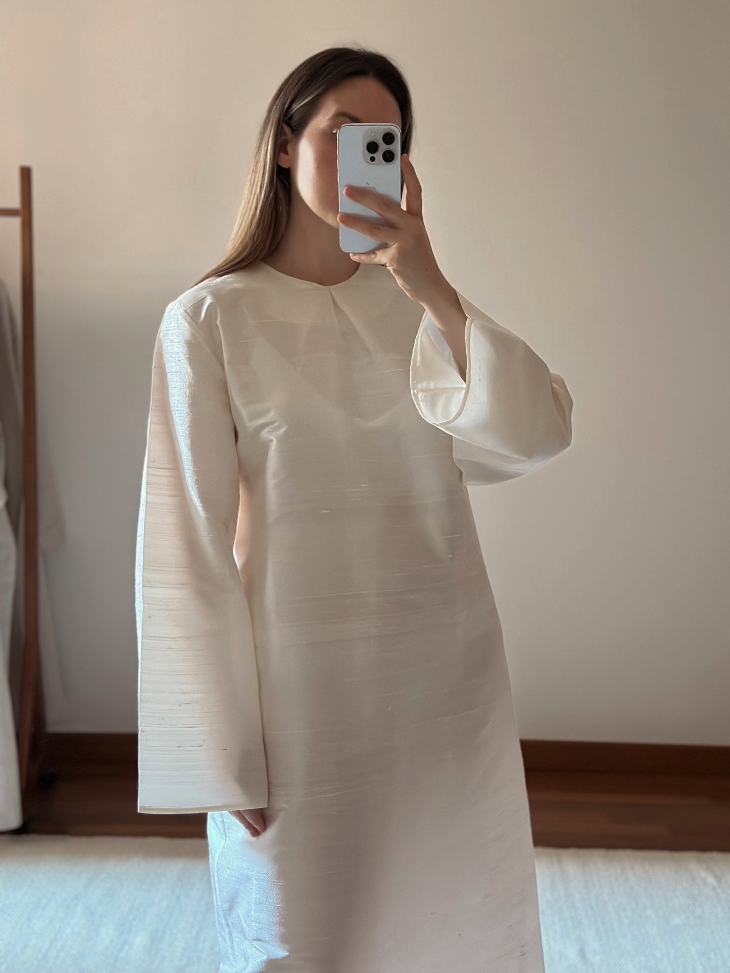 100% Silk White Long Tunic Dress