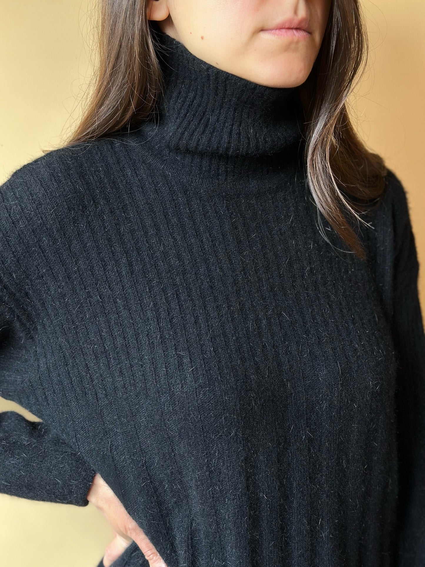 Vintage Lambswool & Angora Fuzzy Black Turtleneck