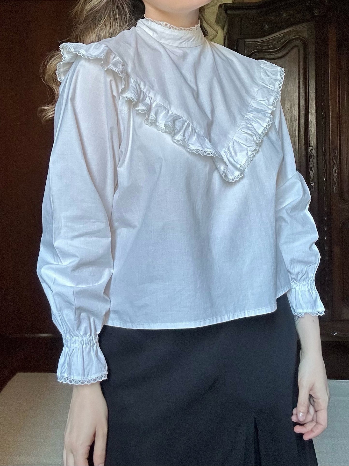 White Ruffled Mock Neck Shirt