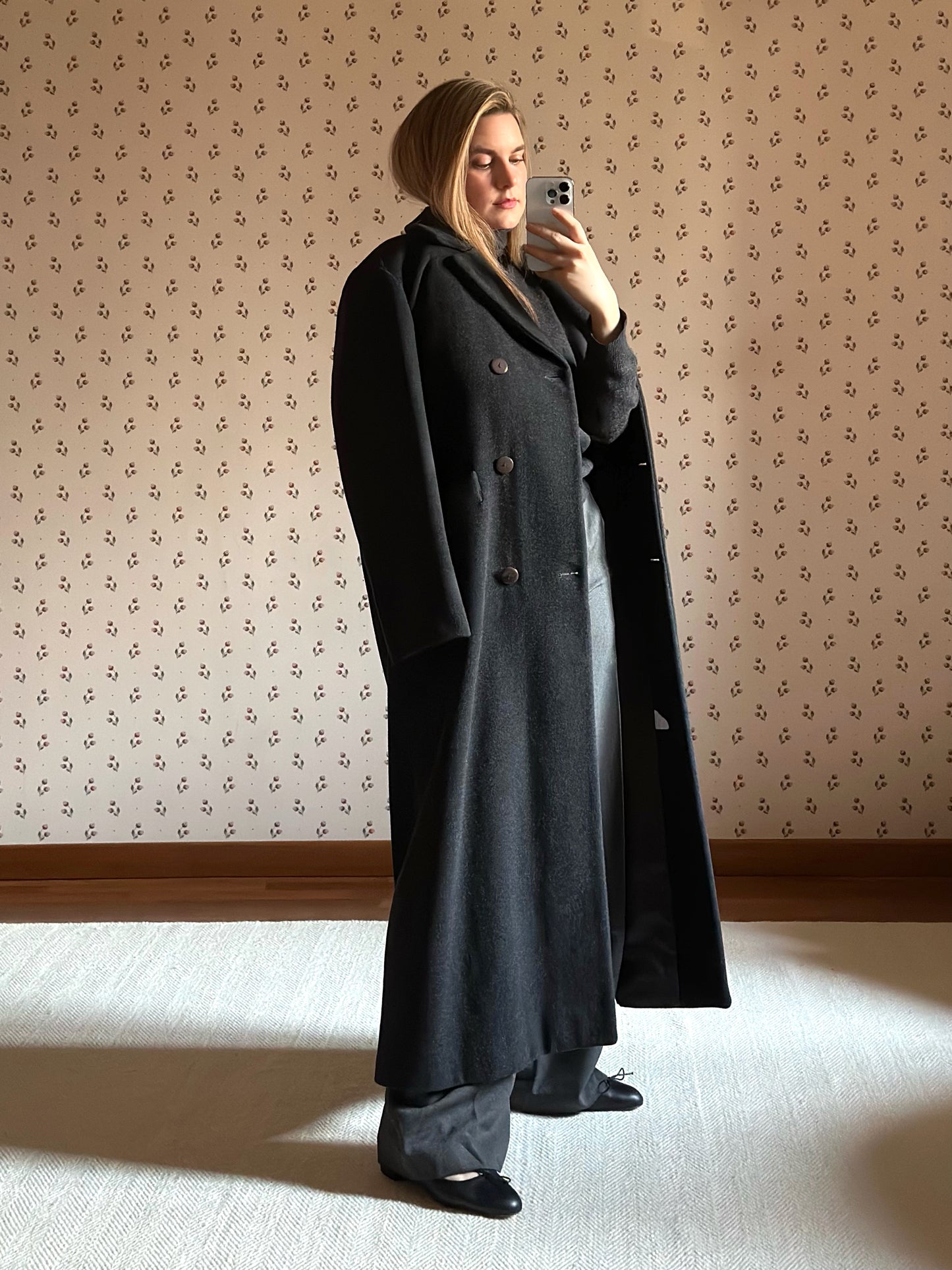 Long Gray Wool & Cashmere Belted Coat