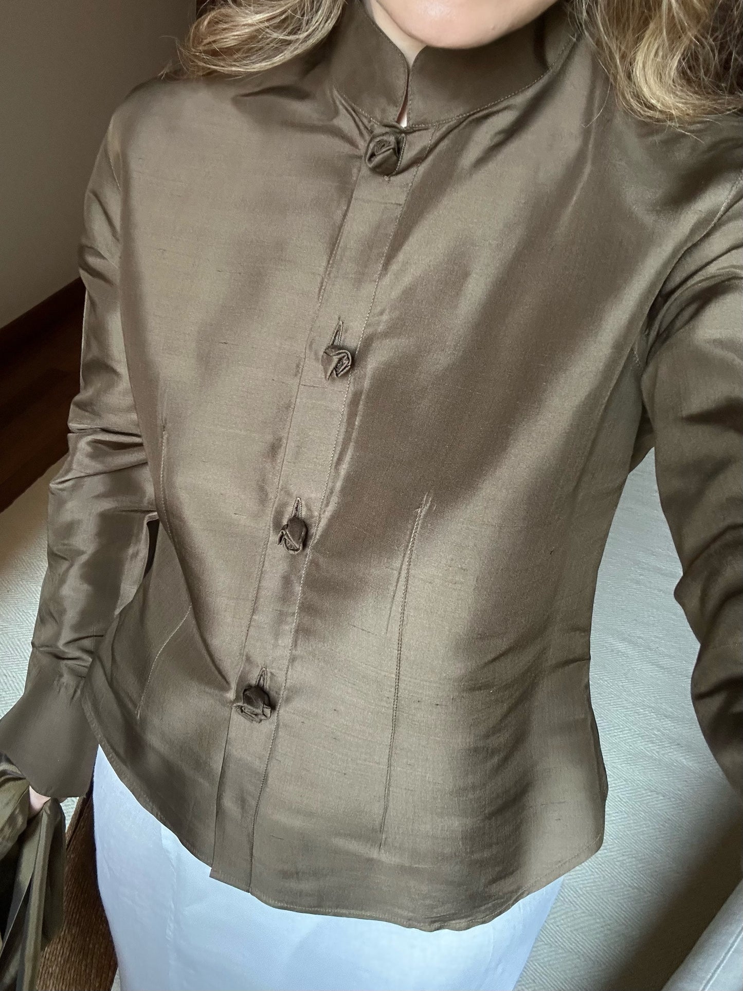 100% Silk Khaki Shirt With Rose Buttons