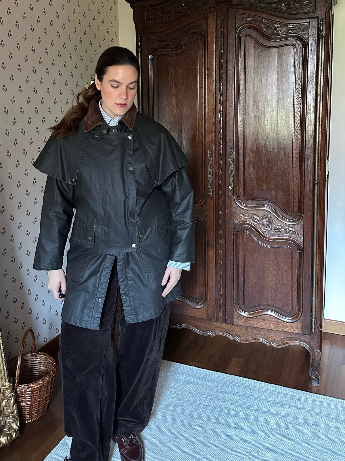 Waxed Jacket With Cape & Tartan Vest