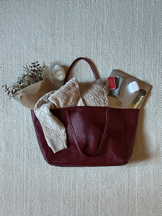 Cherry Red Real Leather Tote Bag