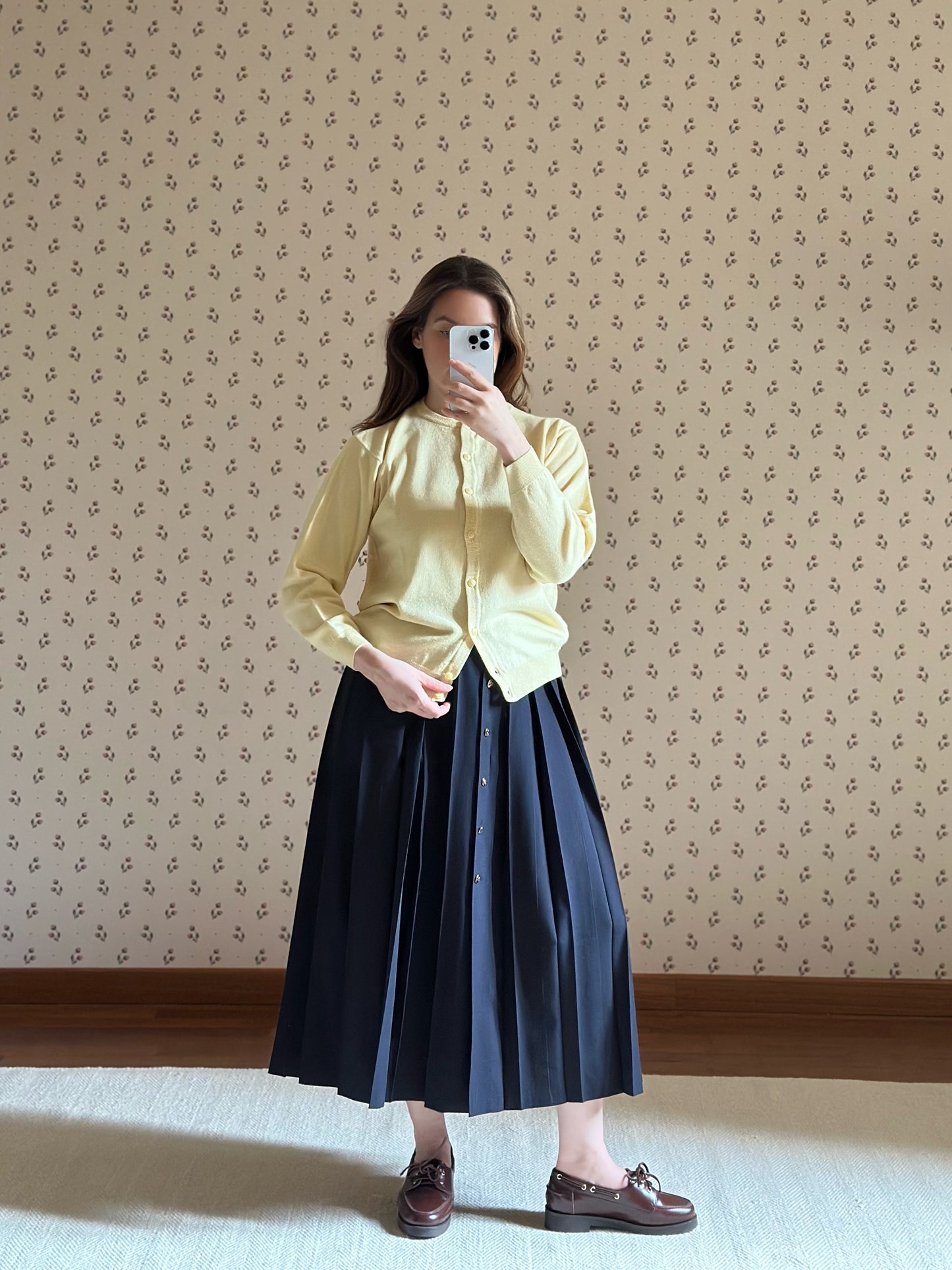 Long Pleated Blue Wool Skirt