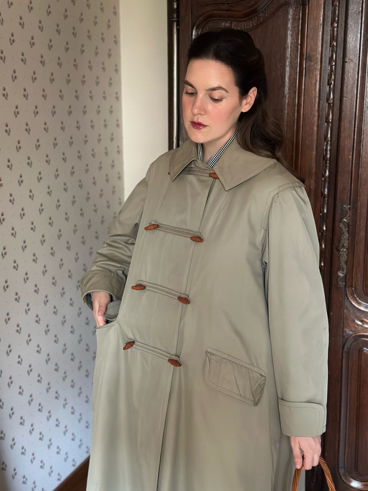 Khaki Trench Coat With Red Tartan Lining