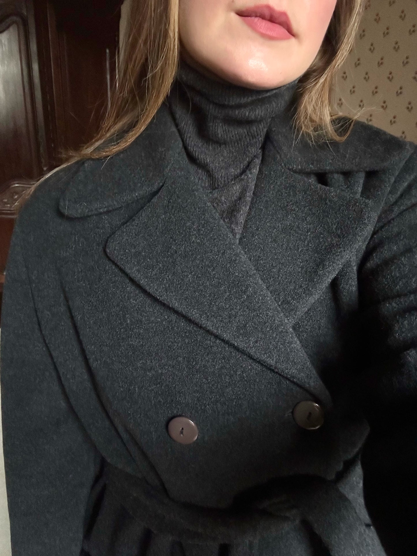 Long Gray Wool & Cashmere Belted Coat