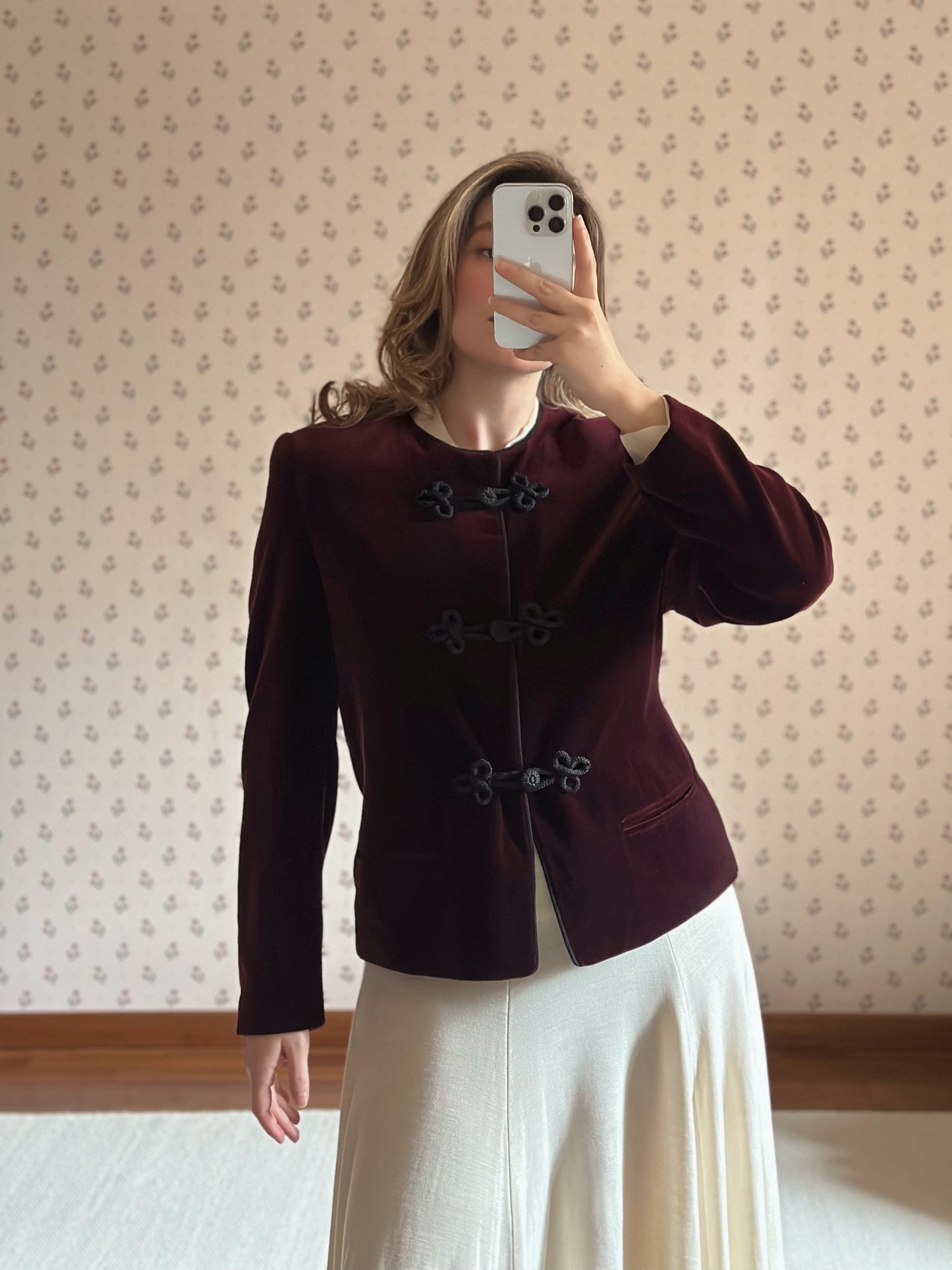 Burgundy Velvet Jacket With Frog Buttons