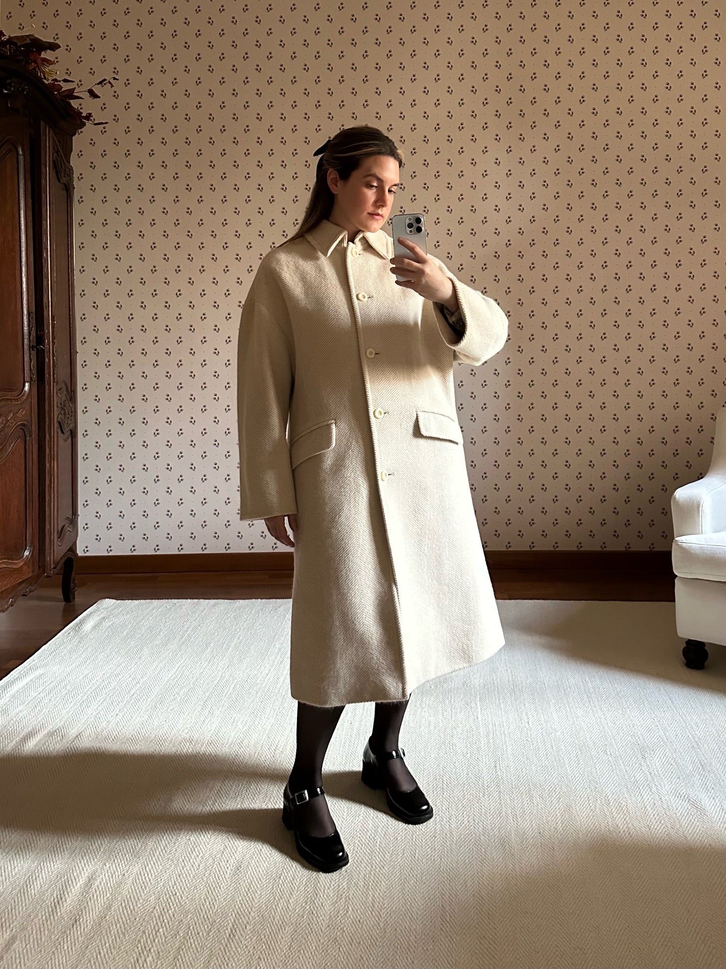 Milky White Pure Wool Herringbone Coat
