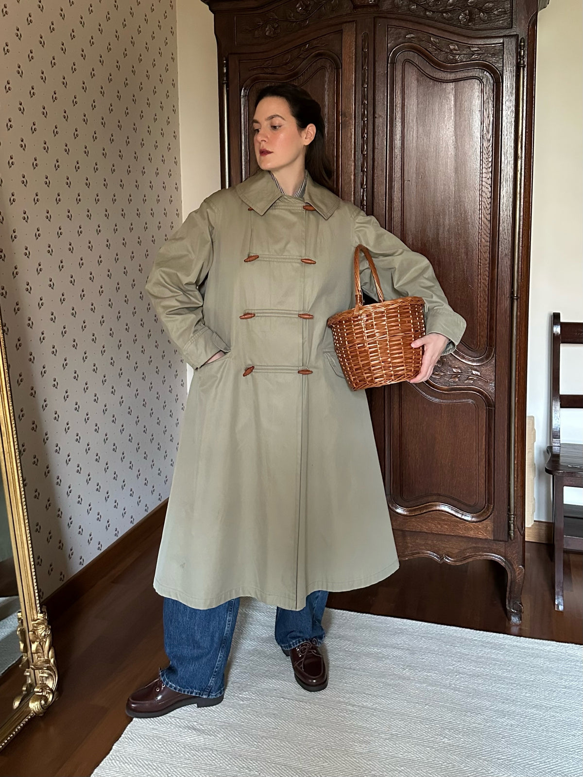 Khaki Trench Coat With Red Tartan Lining