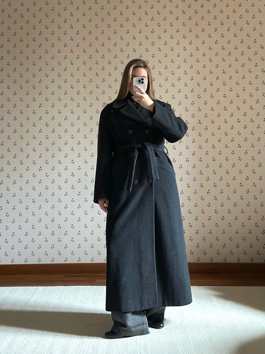 Long Gray Wool & Cashmere Belted Coat