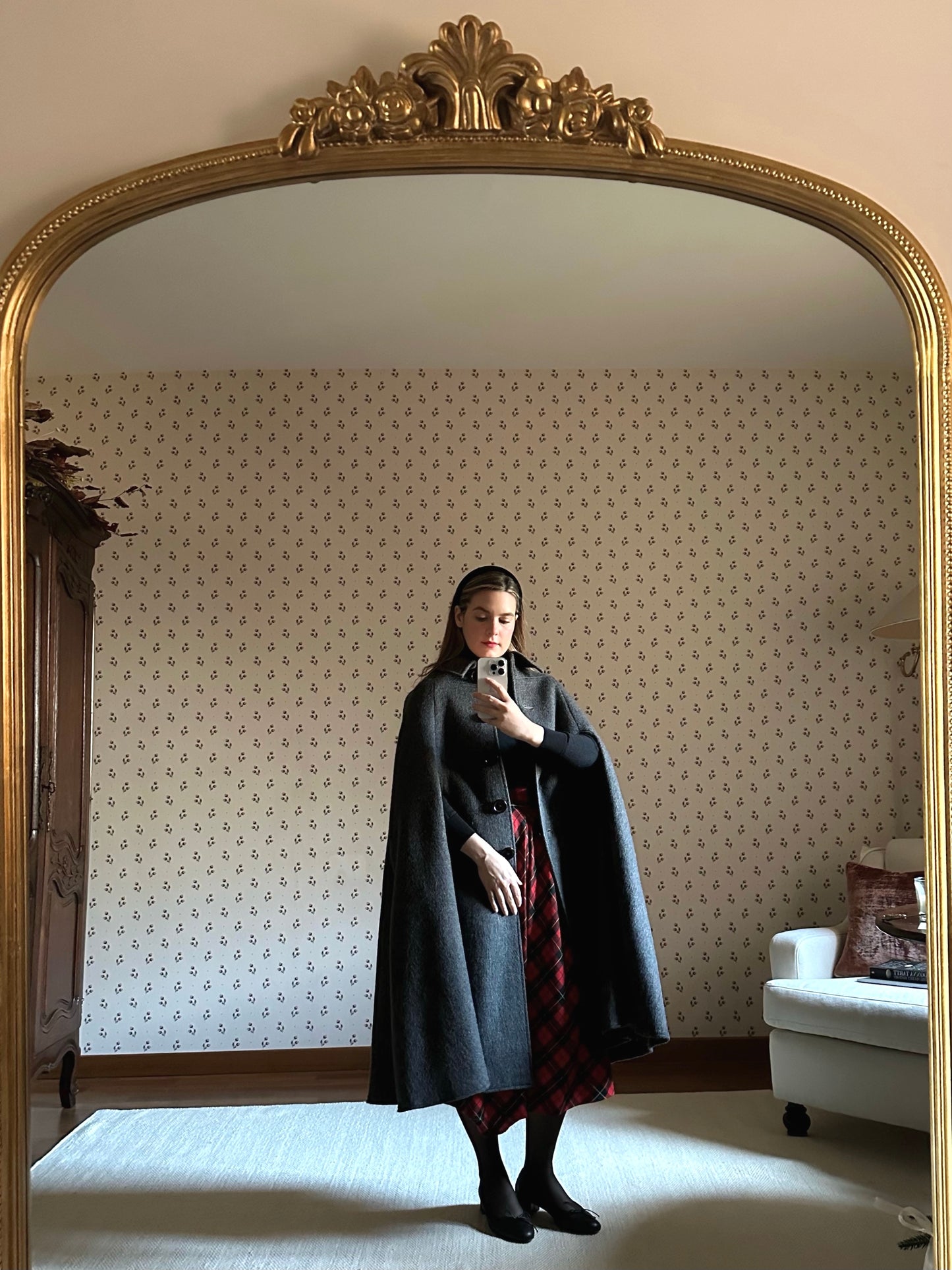 Gray Cape Coat With Red Tartan Lining