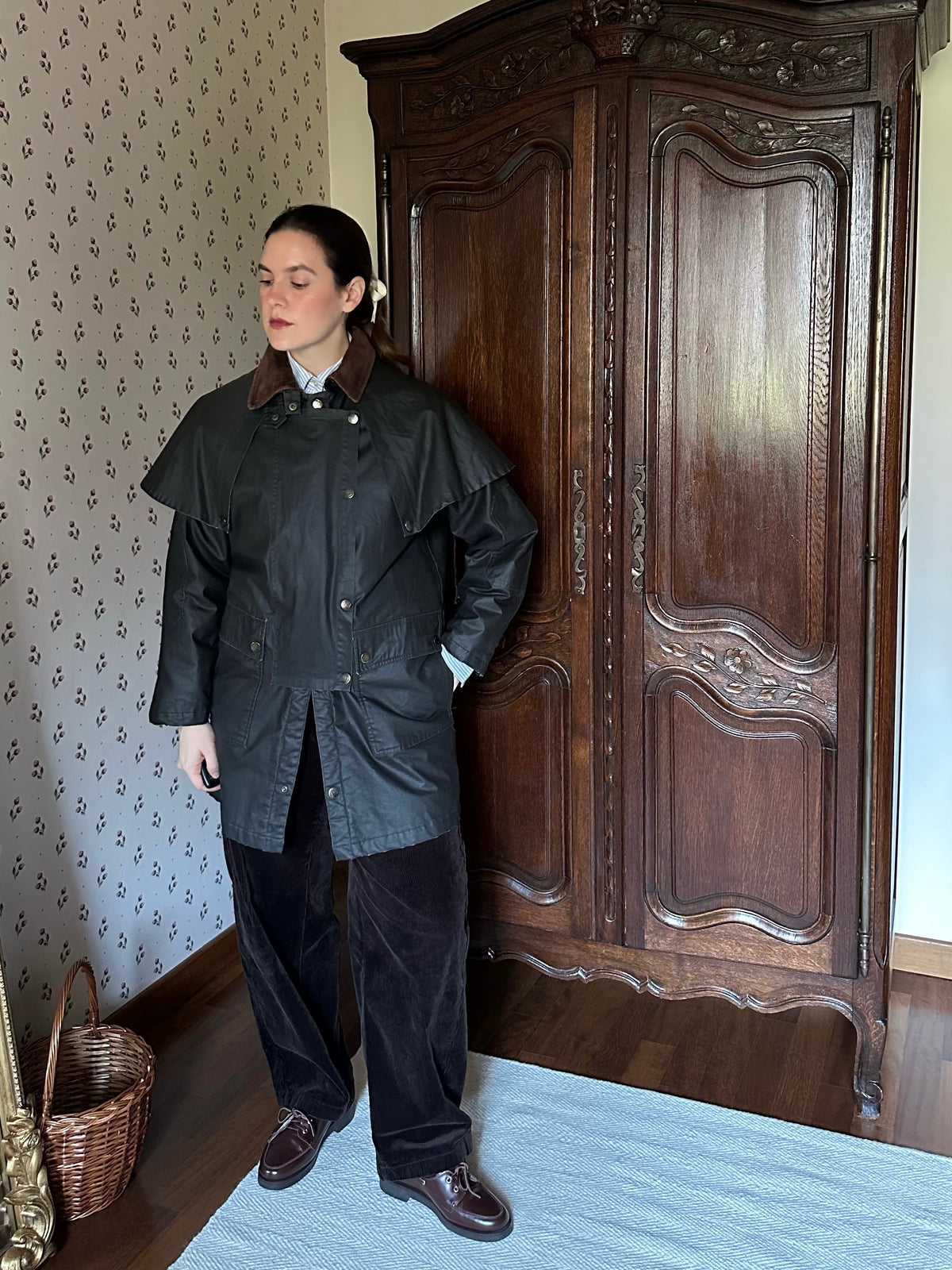 Waxed Jacket With Cape & Tartan Vest