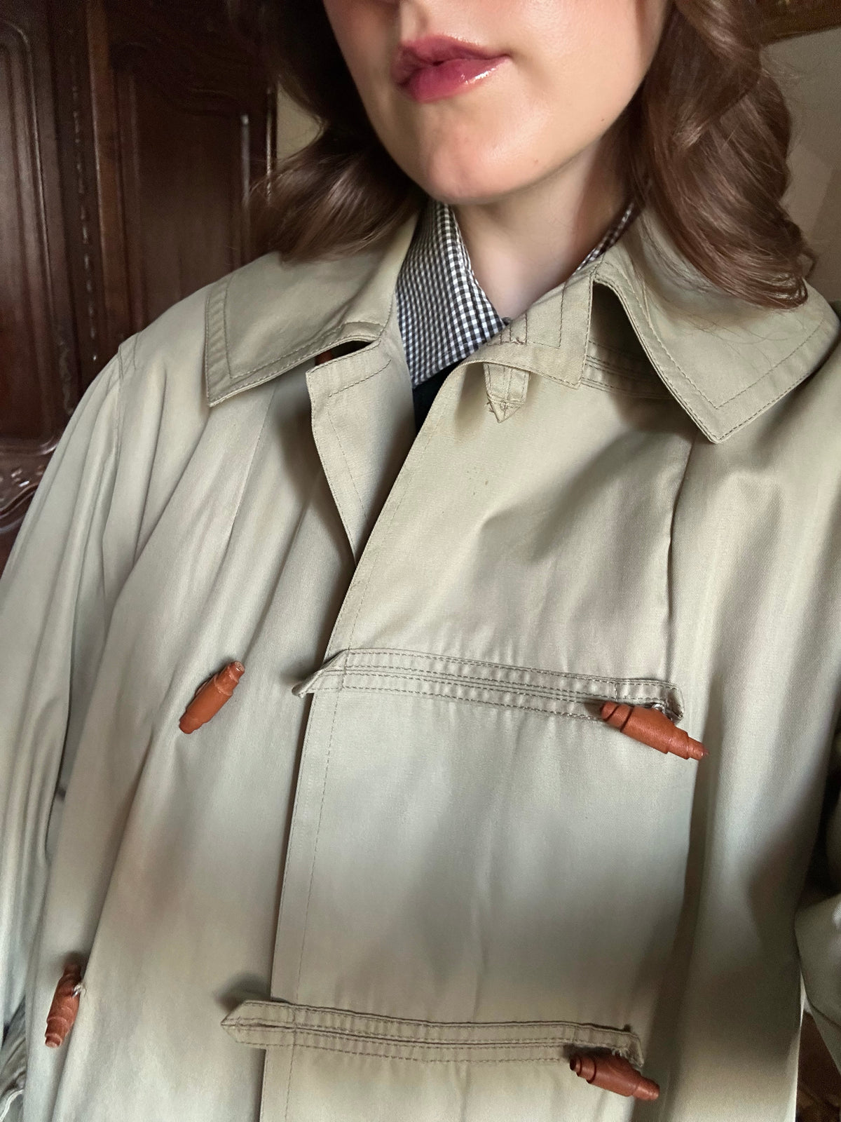 Khaki Trench Coat With Red Tartan Lining